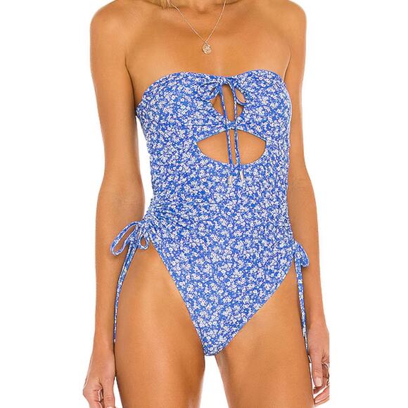 Tularosa Dilara One Piece Swimsuit Blue Floral Cutout XS Revolve Coquette - Picture 1 of 10